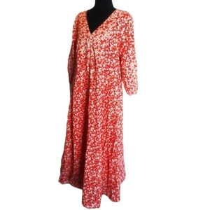 The Nines by HATCH Cottagecore Full Button Front Red White Floral Maxi Dress M